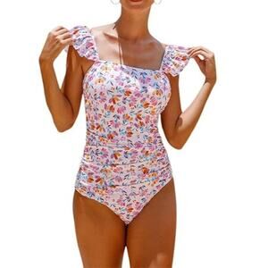 Floral Print Ruffle Strappy One Piece Swimsuits Tummy Control Bathing Suit, L, N